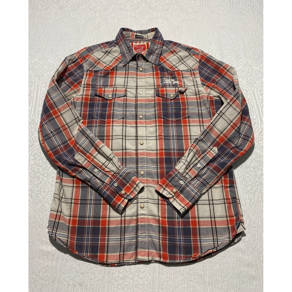 Jachs NY Mens Large Plaid Western Pearl Snap Button Down Shirt Red Blue Cotton